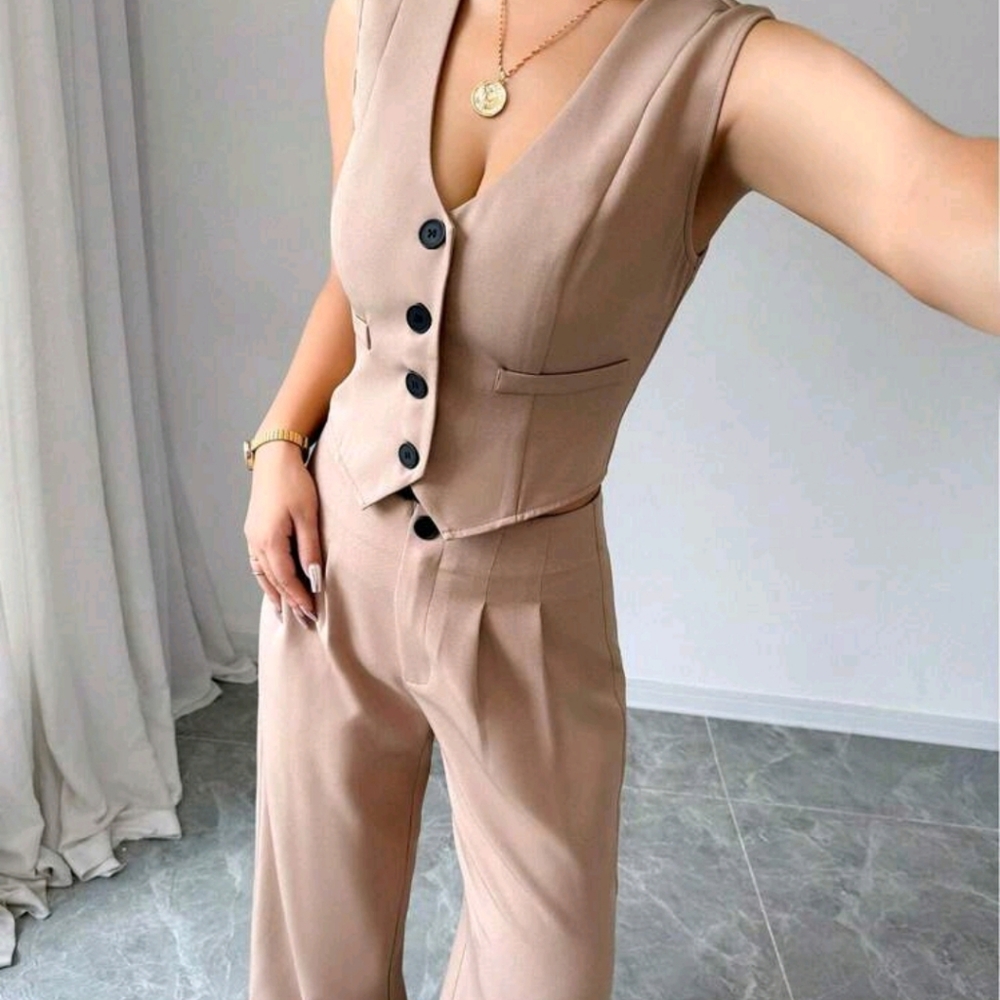 Women's Button-Up Sleeveless Blazer Top And Straight Leg Casual Pants Set - Picture 3 of 6